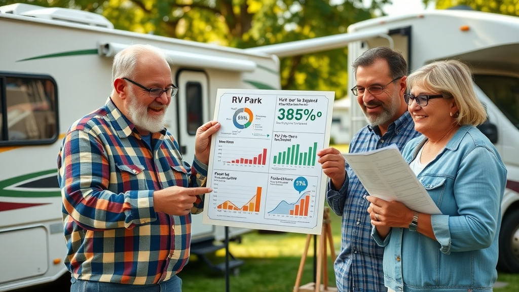 Intriguing RV park infographic showing rv park income opportunities with enthusiastic RV owners pointing at income statistics