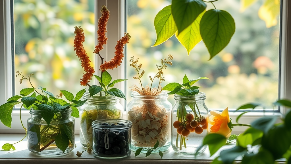 Black cohosh, primrose oil, and vitex agnus on botanical windowsill, hormone health supplements