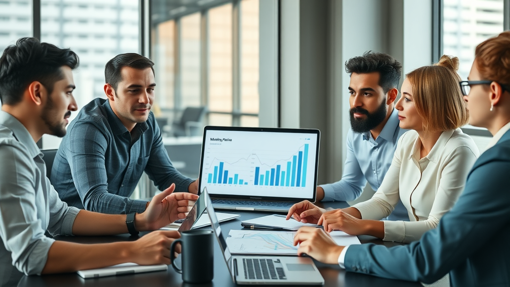 Diverse team discusses digital marketing budget in small business office meeting