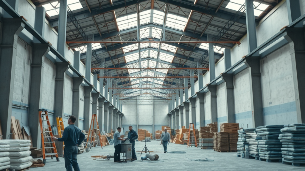 Crew applying commercial painting solutions in modern industrial warehouse