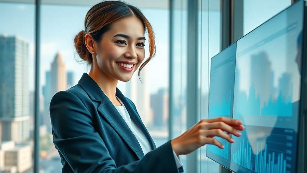 businesswoman reviewing reputation analytics dashboard for reputation monitoring tools