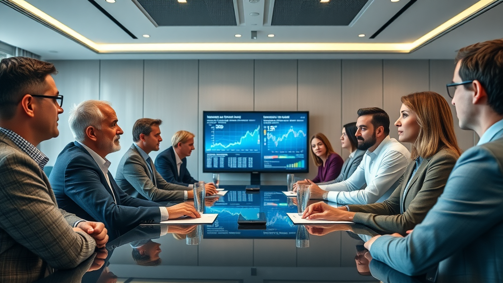 Monmouthshire county council leaders discussing monmouthshire first to market success with high-tech market data displays and collaborative planning.