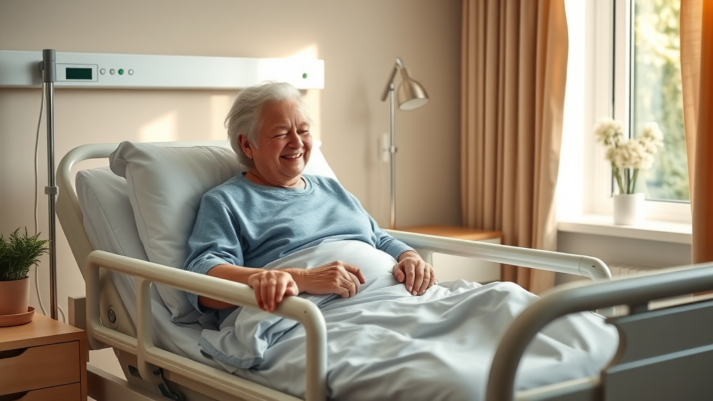 Modern hospital bed setup in a cozy home bedroom, hospital bed rental in home care with elderly patient and caregiver, bright morning lighting, plants on windowsill