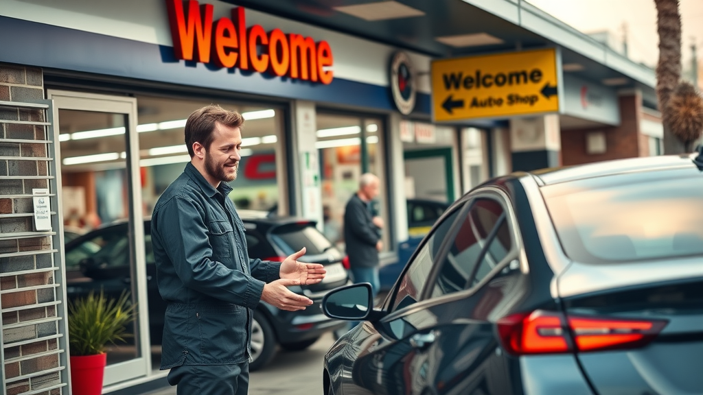 best auto repair in irving tx technician greeting customer outside modern auto shop in bustling Irving automotive district