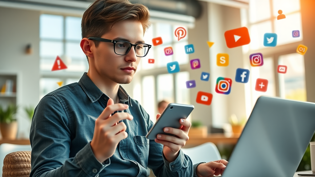 Young marketer posting content across multiple devices and social media platforms, vibrant open workspace