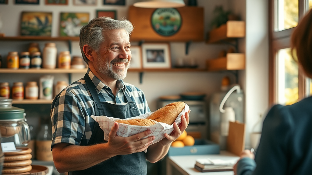 Happy Monmouthshire bakery owner serving customers, local advertising, r v and county council engagement, monmouthshire voice promotion