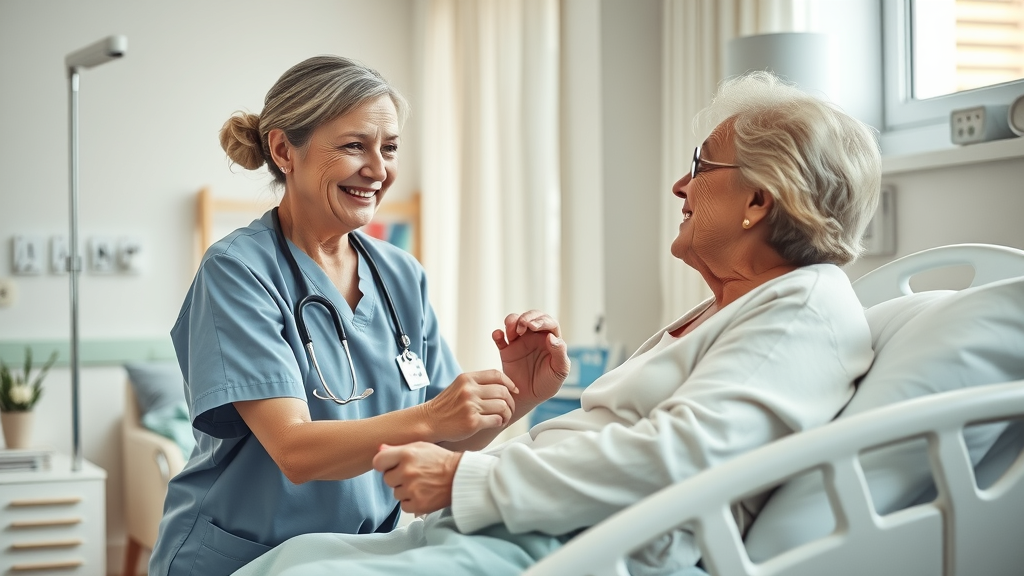Caregiver assisting elderly patient with hospital bed rental at home, height adjustment and gentle caregiving for safe home care