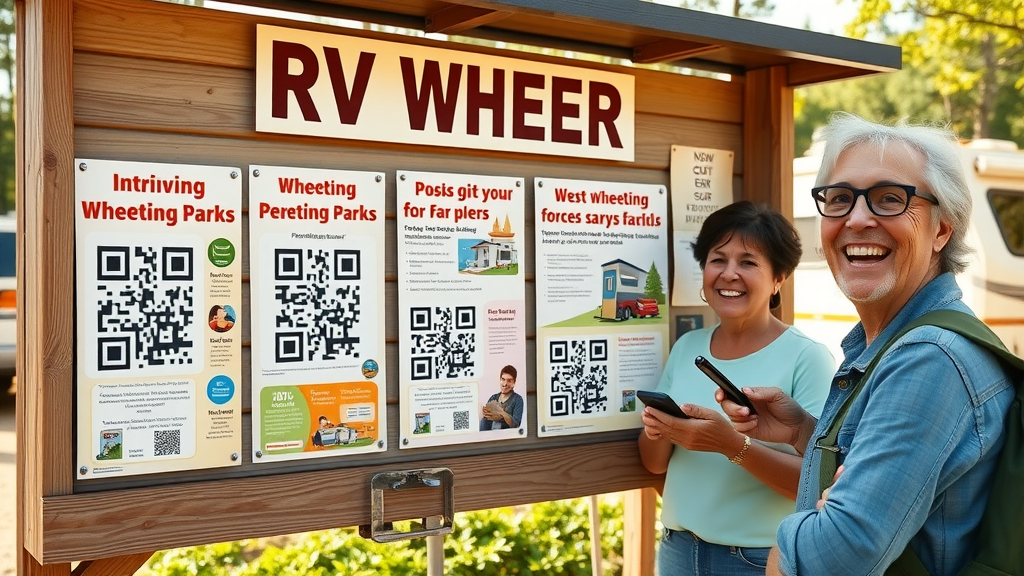 Inviting RV park bulletin board with colorful RV Wheeler posters and happy campers scanning QR codes
