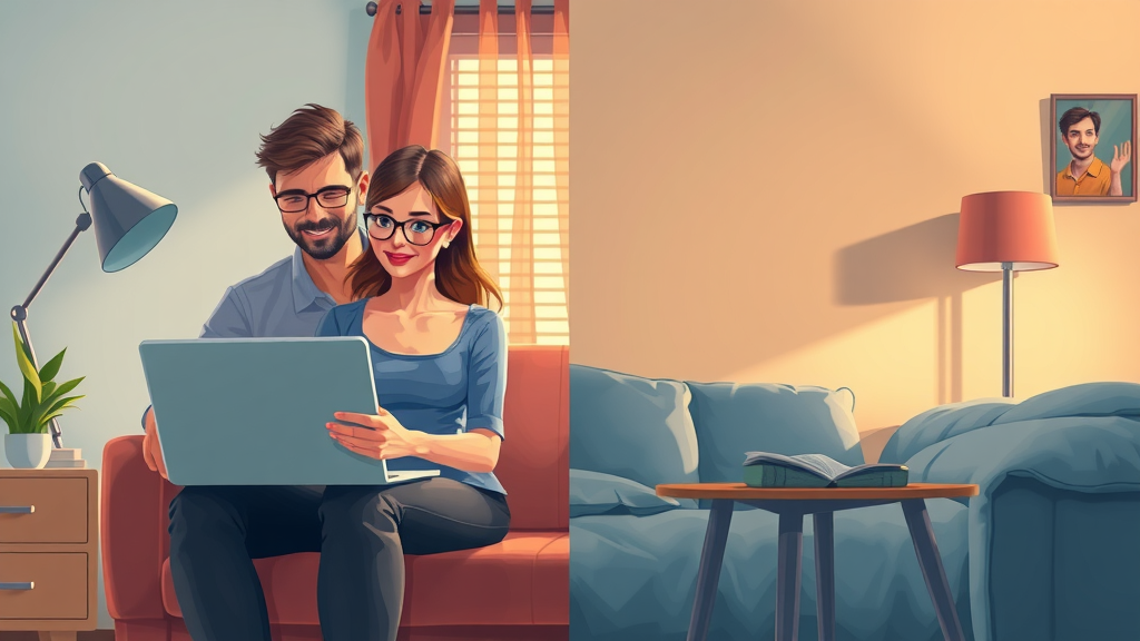 split scene showing couple in online counseling on one side, isolated partner on the other, illustrating pros and cons of virtual infidelity counseling