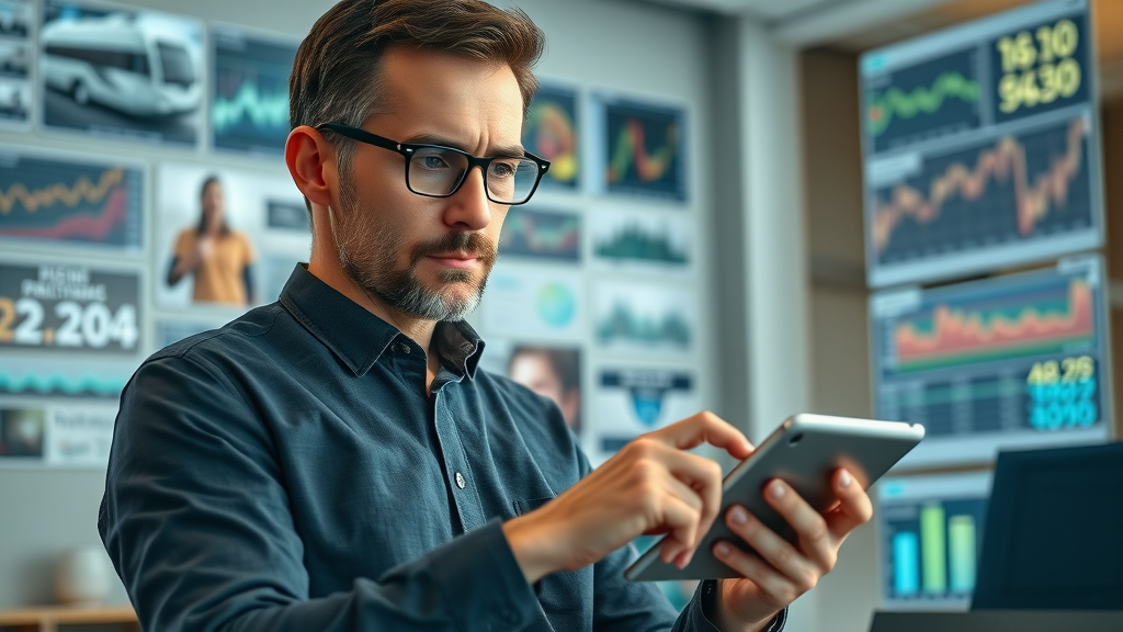 Confident RV analyst examining digital price indexes related to rv pricing using bank data