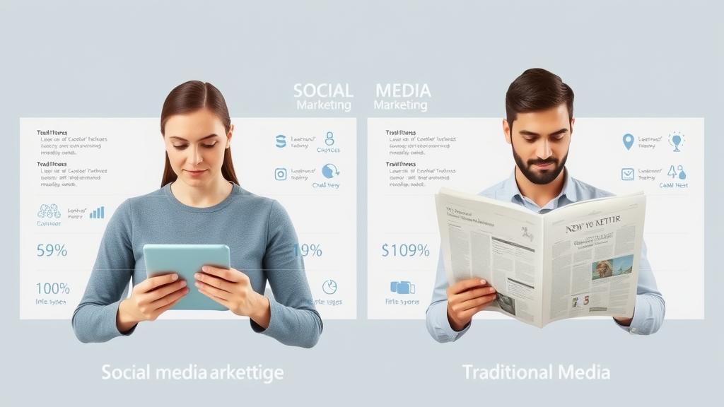 Infographic comparing social media marketing and traditional media marketing, split screen, people on phones vs reading newspapers