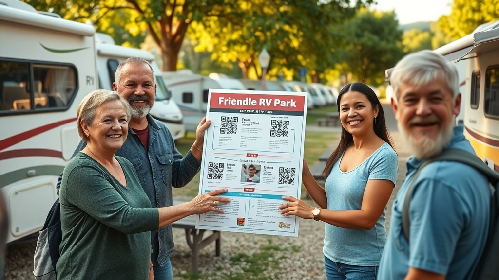 Happy campers scanning QR code posters at RV park promoting retail-to-retail RV sales