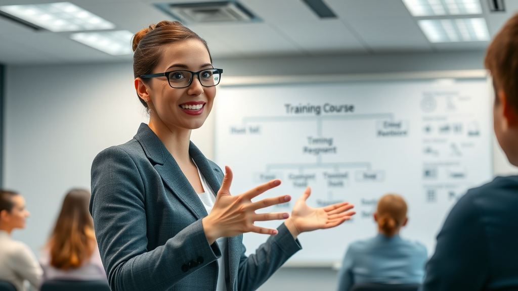 insightful professional woman explaining a training course flowchart at a local access training session