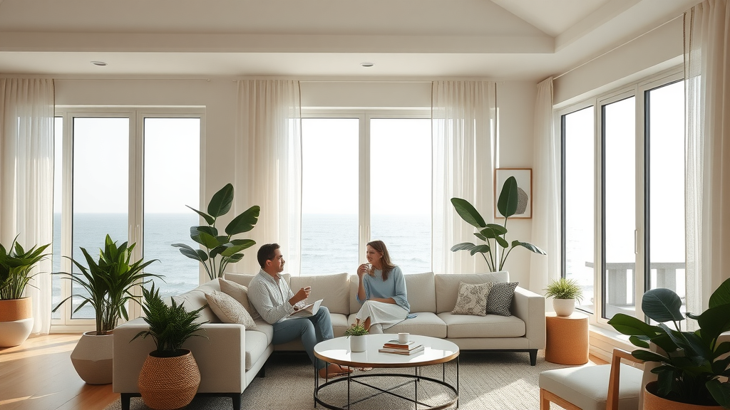 Modern living room showcasing interior design with ocean view and natural light.