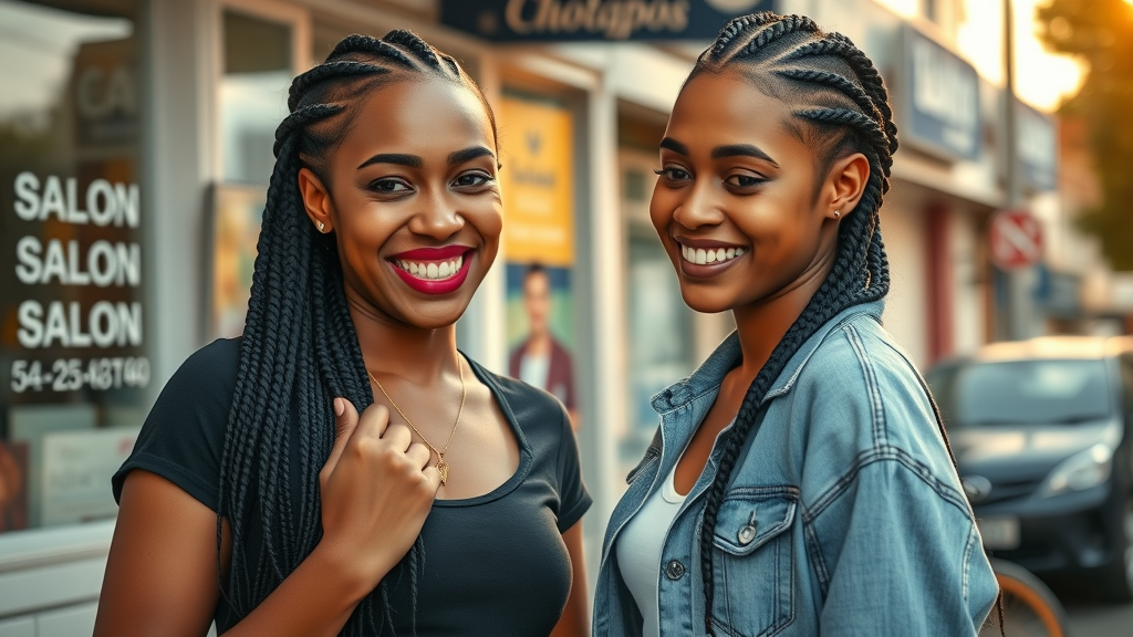 hair braiding in Olongapo - happy client showing new box braids to friend, outside salon, joyful and satisfied expressions, detailed hair