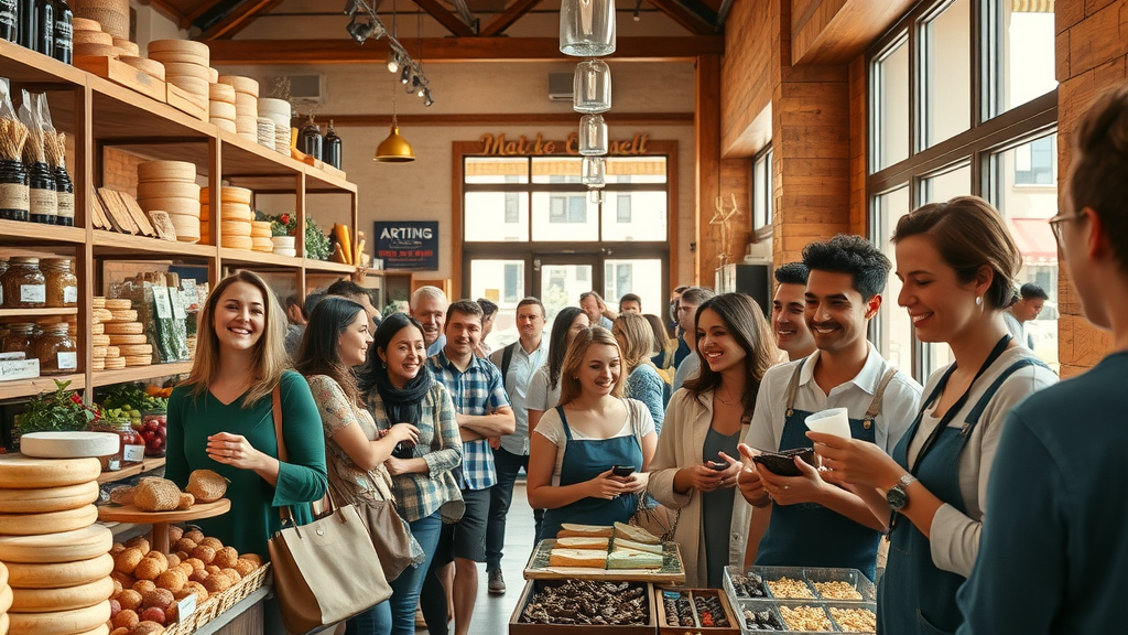 Vibrant artisan gourmet market with diverse shoppers sampling premium foods