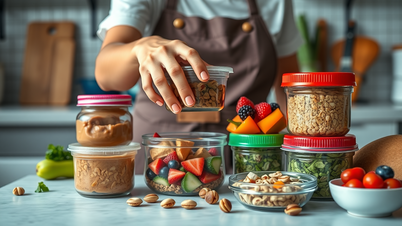 Meal plan prep with nut butter and healthy ingredients for energy and weight loss