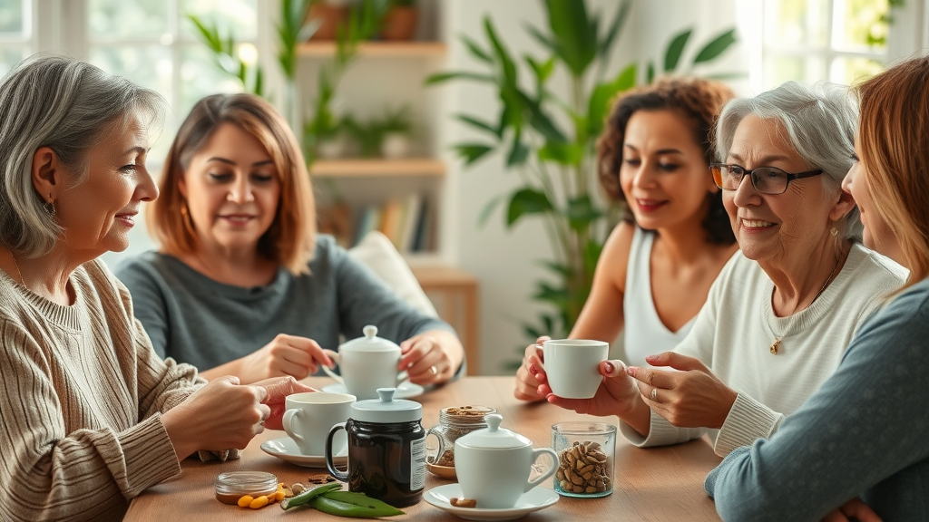 Herbal remedies for hormones for diverse women, herbal tea and supplements, serene sunlit home, greenery and herbal elements