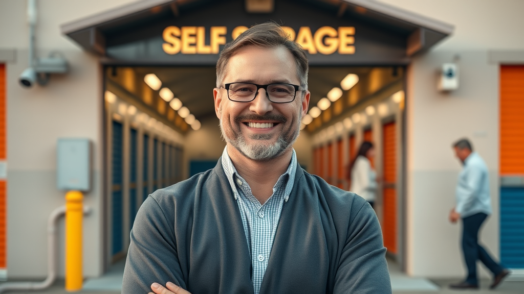 Friendly Muskegon self storage facility manager at secure entrance