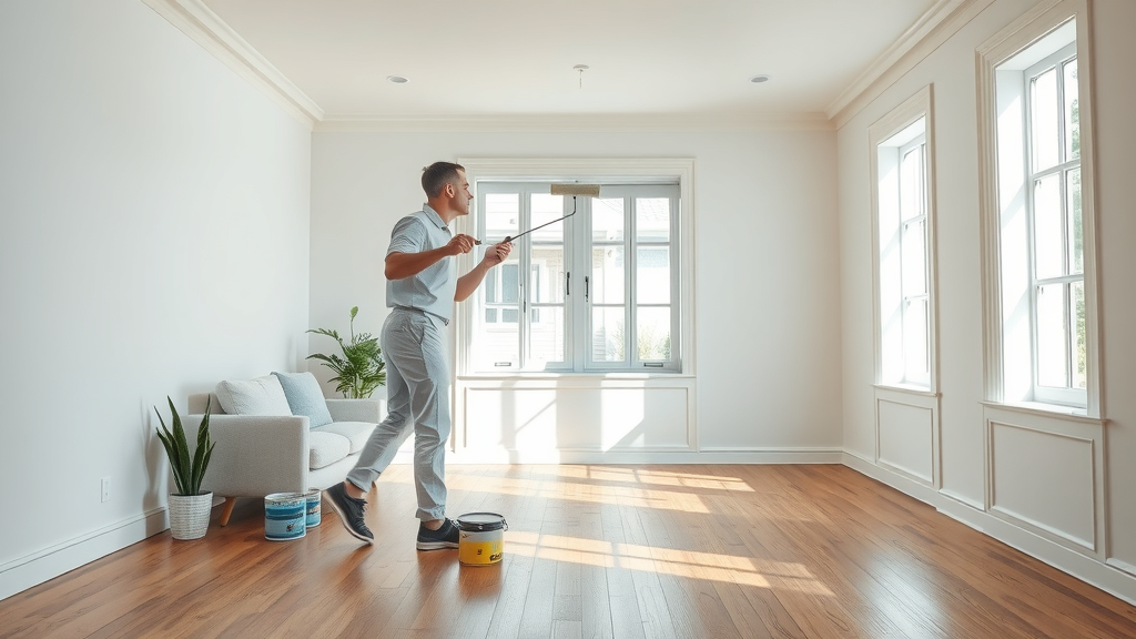 Professional painter mastering painting in a bright modern living room