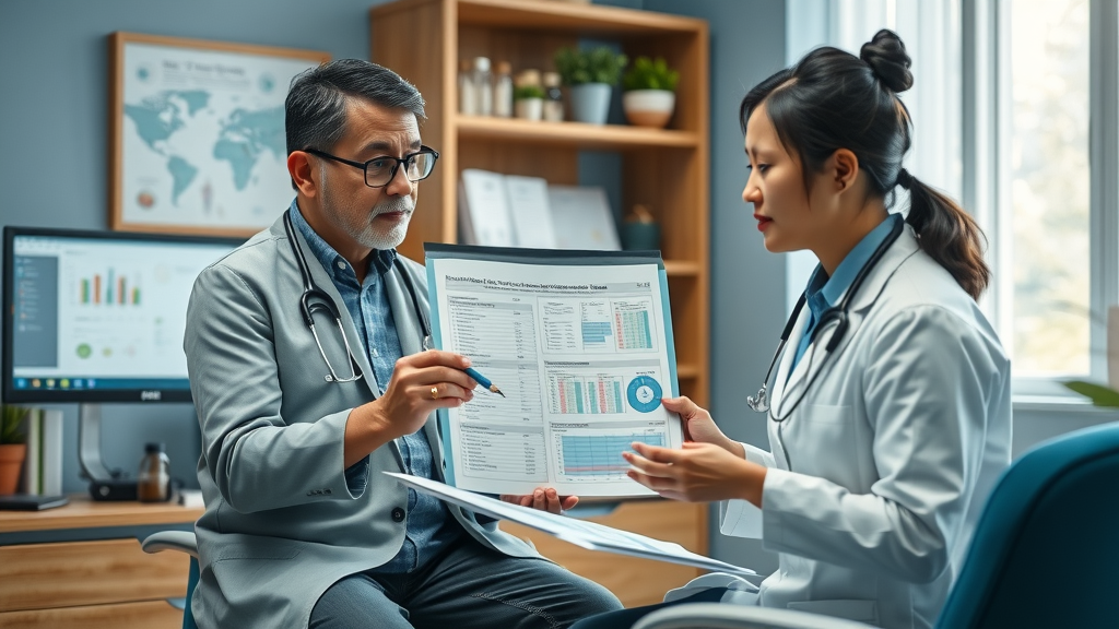 Integrative practitioner consulting with patient, reviewing bloodwork alongside chinese herbal medicine for balanced hormone health.