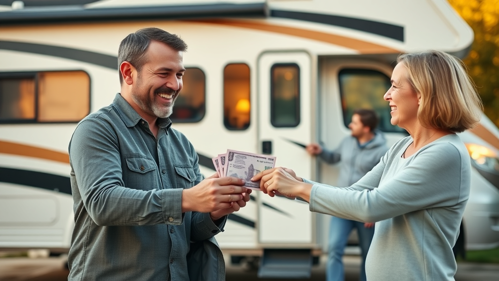 Happy RV seller family receiving cash payment from satisfied buyer couple in driveway with sold RV