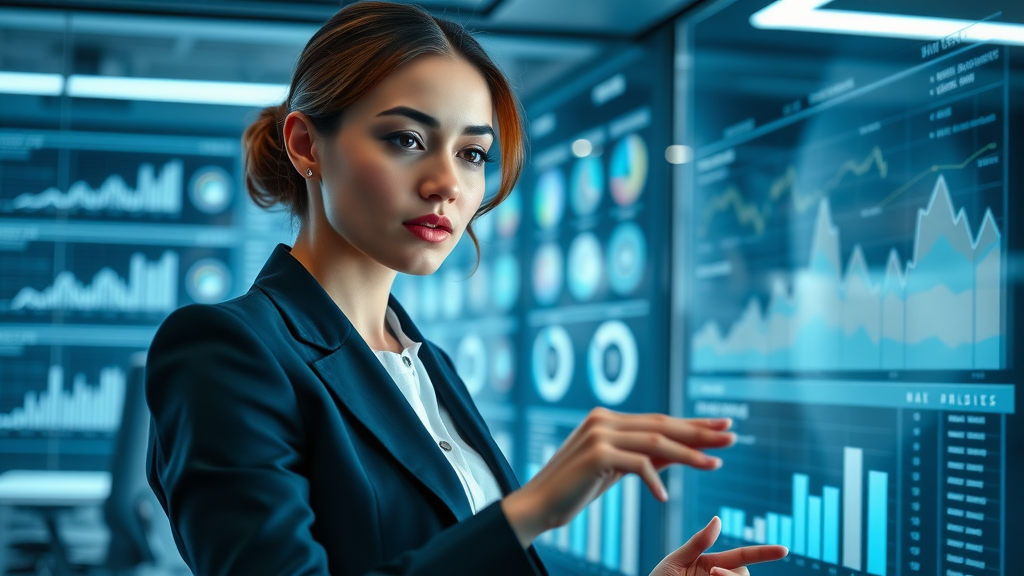 businesswoman analyzing online reputation management metrics on digital dashboard