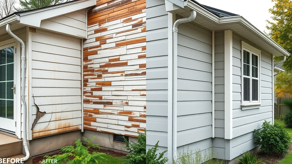 Before and after siding and carpentry restoration on a house exterior