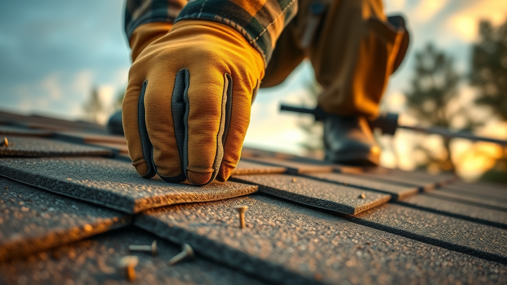 Roofer repairing damaged shingles, demonstrating expert roofing craftsmanship.