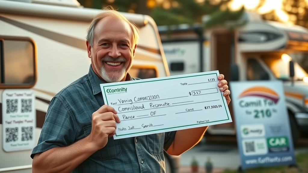 Smiling campground owner holding commission check outside busy campground with RV Wheeler posters