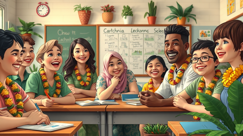 Joyful Hawaiian classroom with teachers and students learning the language, decorated with lei and plants, celebrating cultural revitalization