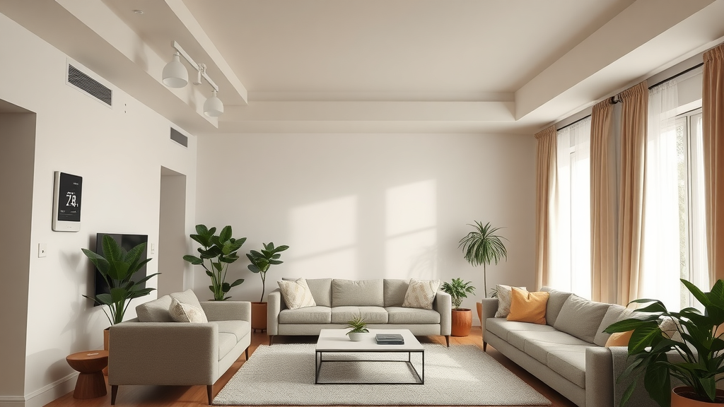 Modern living room with visible HVAC system and smart thermostat