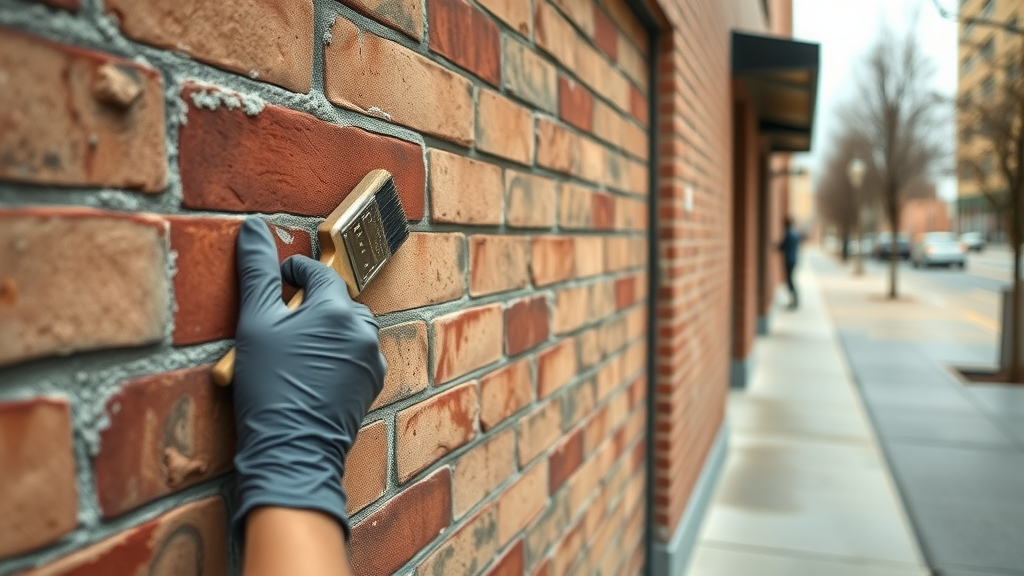 Expert demonstrating brick staining techniques on commercial building exterior