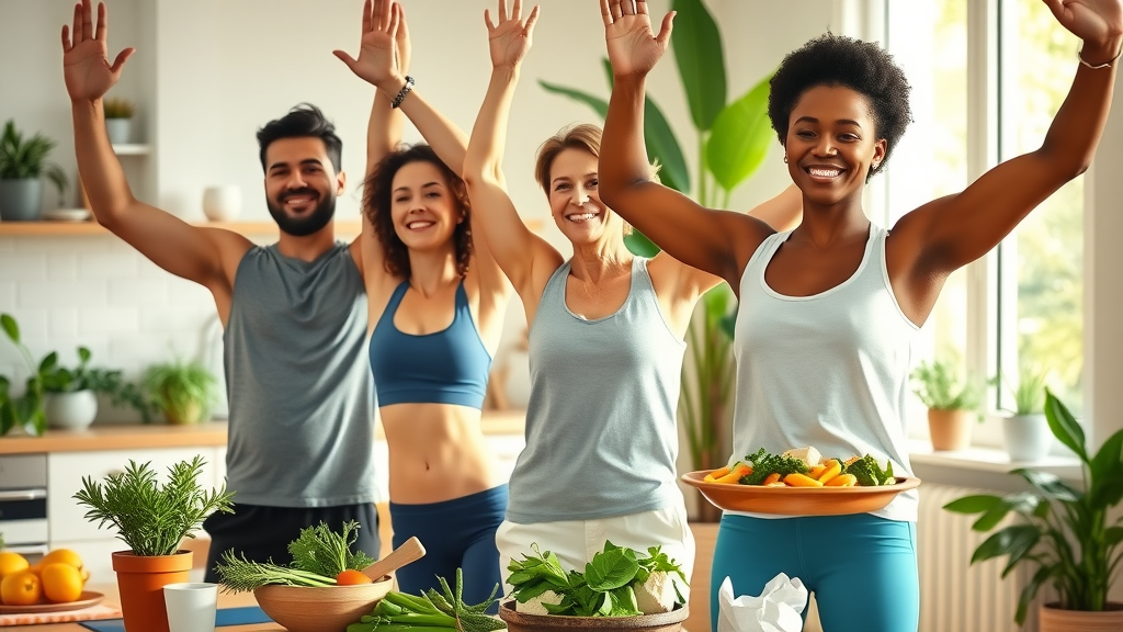 multi-ethnic adults doing yoga and healthy cooking for natural endocrine and hormone optimization