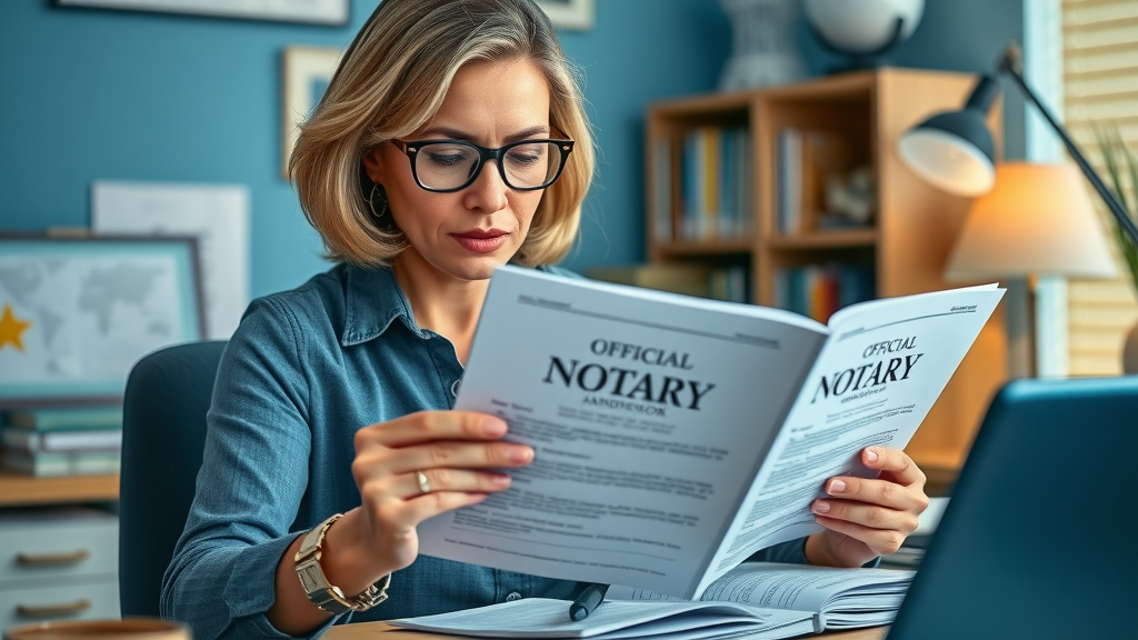Middle-aged woman studying notary public reference manual to become a notary public in Arizona, with notary badge at desk
