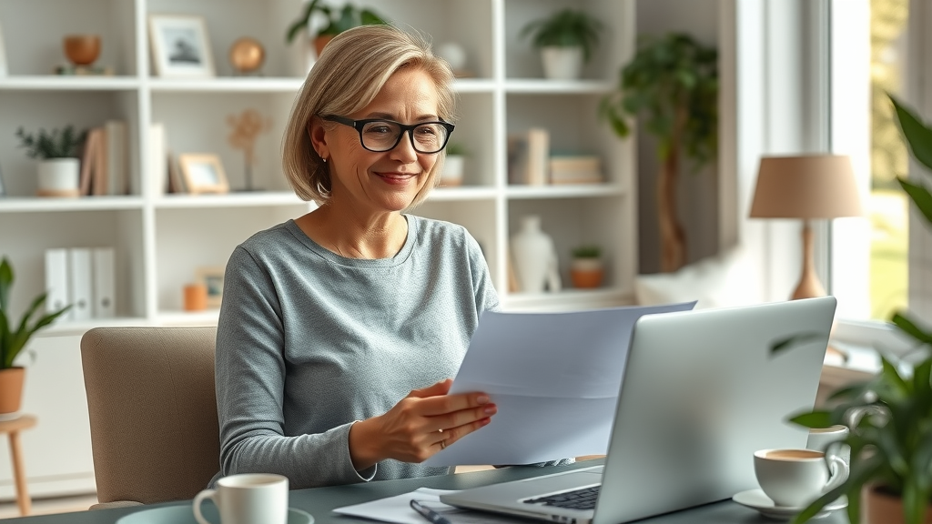 Empowered woman plans finances after divorce in a bright, peaceful office