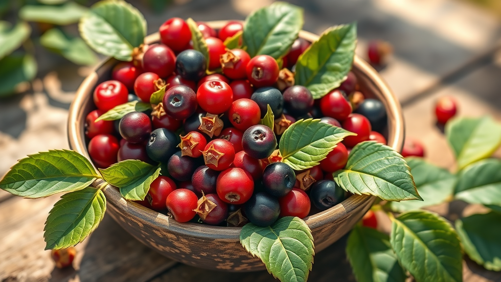 schisandra and chasteberry fruit with leaves in rustic bowl for hormone balance