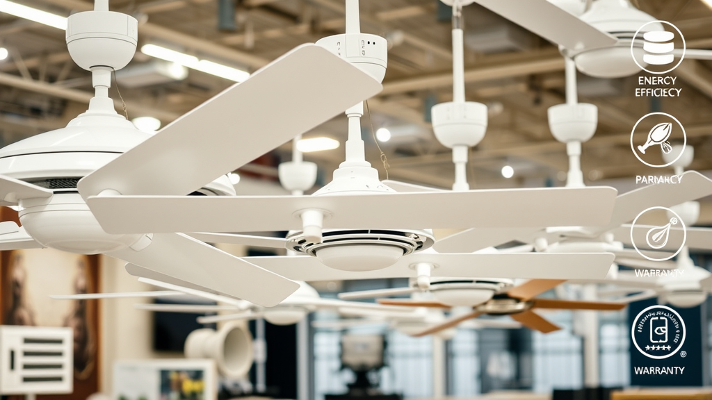 Whole house fan brand comparison: QuietCool, Centric Air, Cool Whole House Fan lined up, showcasing features and warranties in showroom