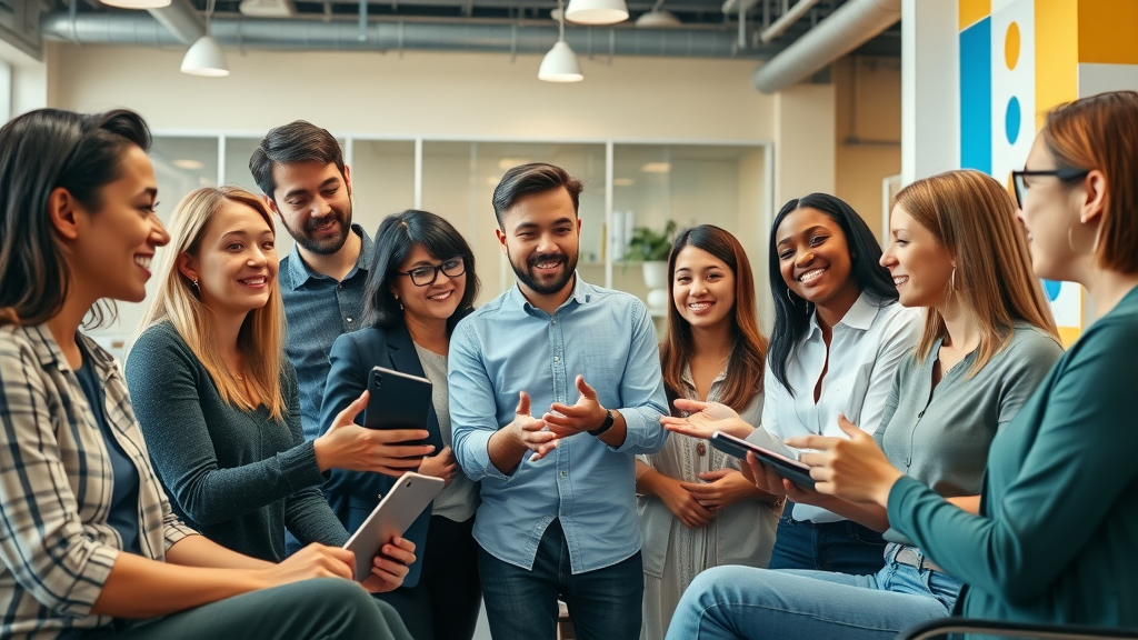 Life balance in the workplace, diverse team collaborating in a vibrant office