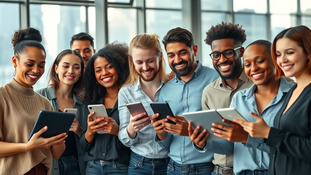Dynamic group of diverse influencers engaging with digital devices, influencer marketing impact in a modern office with cityscape