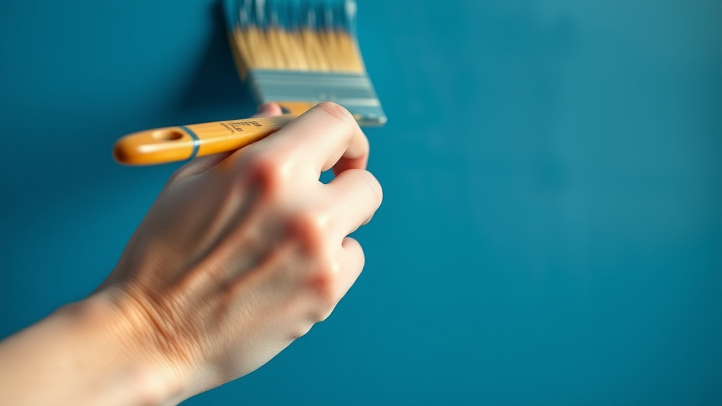 Close-up brush mastering painting techniques on a smooth blue wall