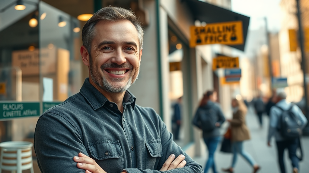 inspiring small business storefront with proud business owner smiling, SEO for small businesses, vibrant city street