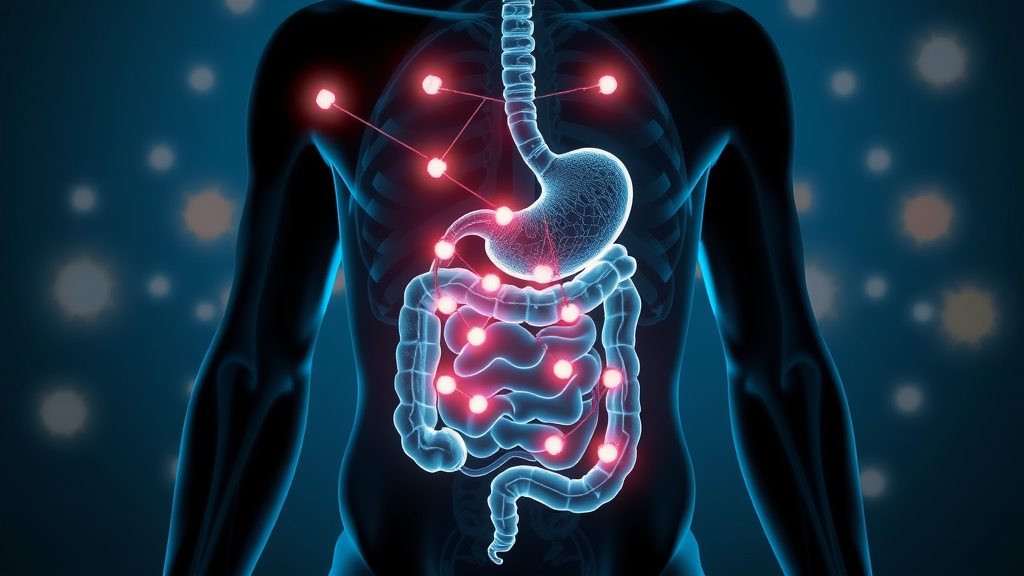 gut microbiome and immune system response, body silhouette highlighting gut and immune pathways
