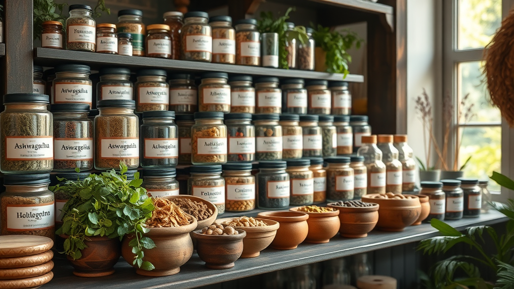 labeled adaptogenic herbs ashwagandha rhodiola maca schisandra hormone support apothecary shelf