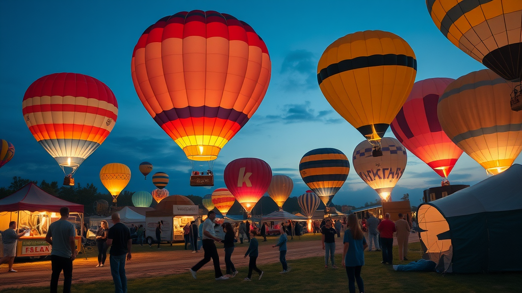 Evening NWA hot air balloon festival with glowing balloons and festive activities.