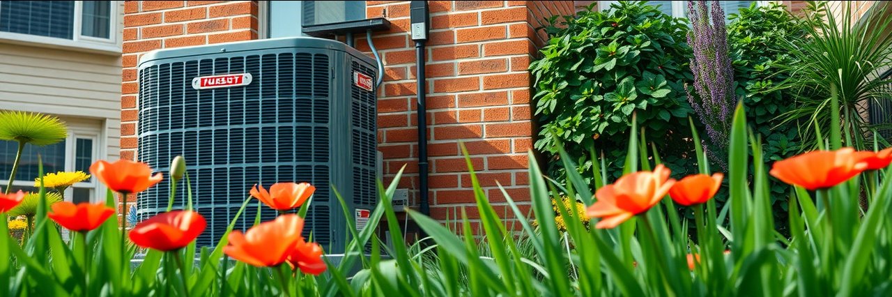 HVAC Repair Services—outdoor HVAC unit by brick house with green grass and flowers