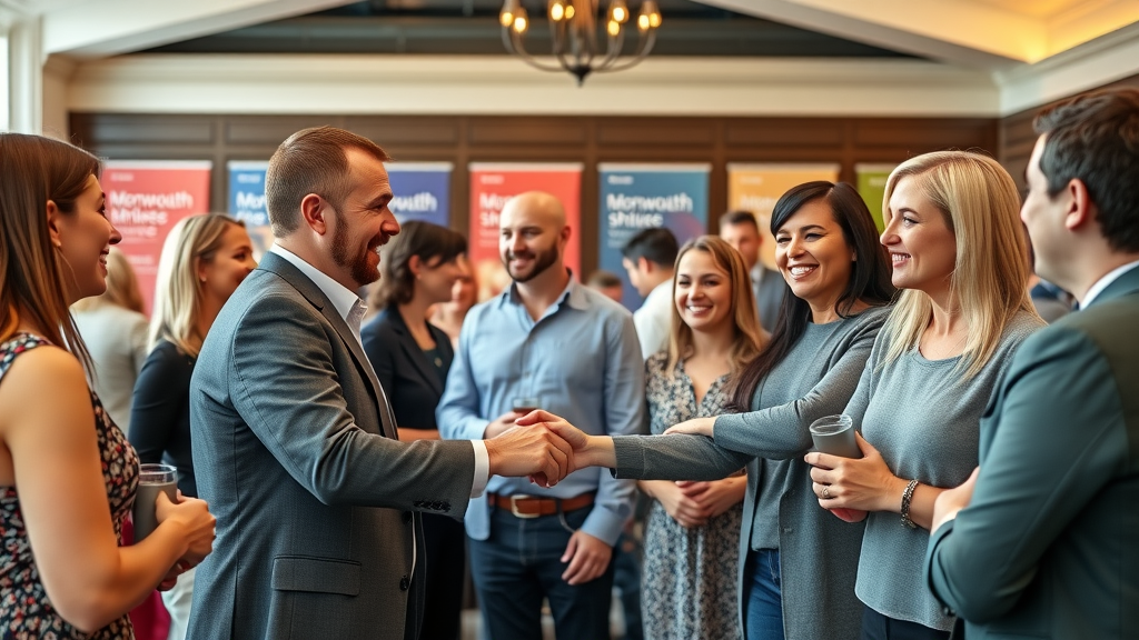 optimistic local business networking event, diverse group of business owners exchanging ideas, shaking hands, Monmouthshire county council banners, lifelike photorealistic, community collaboration for monmouthshire marketing, balanced soft lighting, shot with a Sigma 24-70mm lens