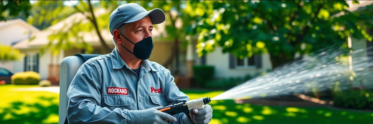 Pest Control Rockland County technician spraying yard for pests in suburban setting