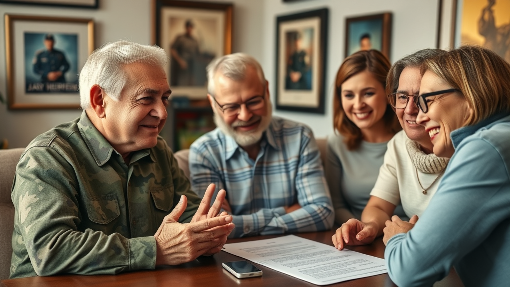 Family and veteran discussing VA claim assistance with a caring consultant.