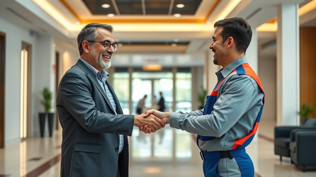 Property manager thanks plumber after commercial hydro jetting service in lobby